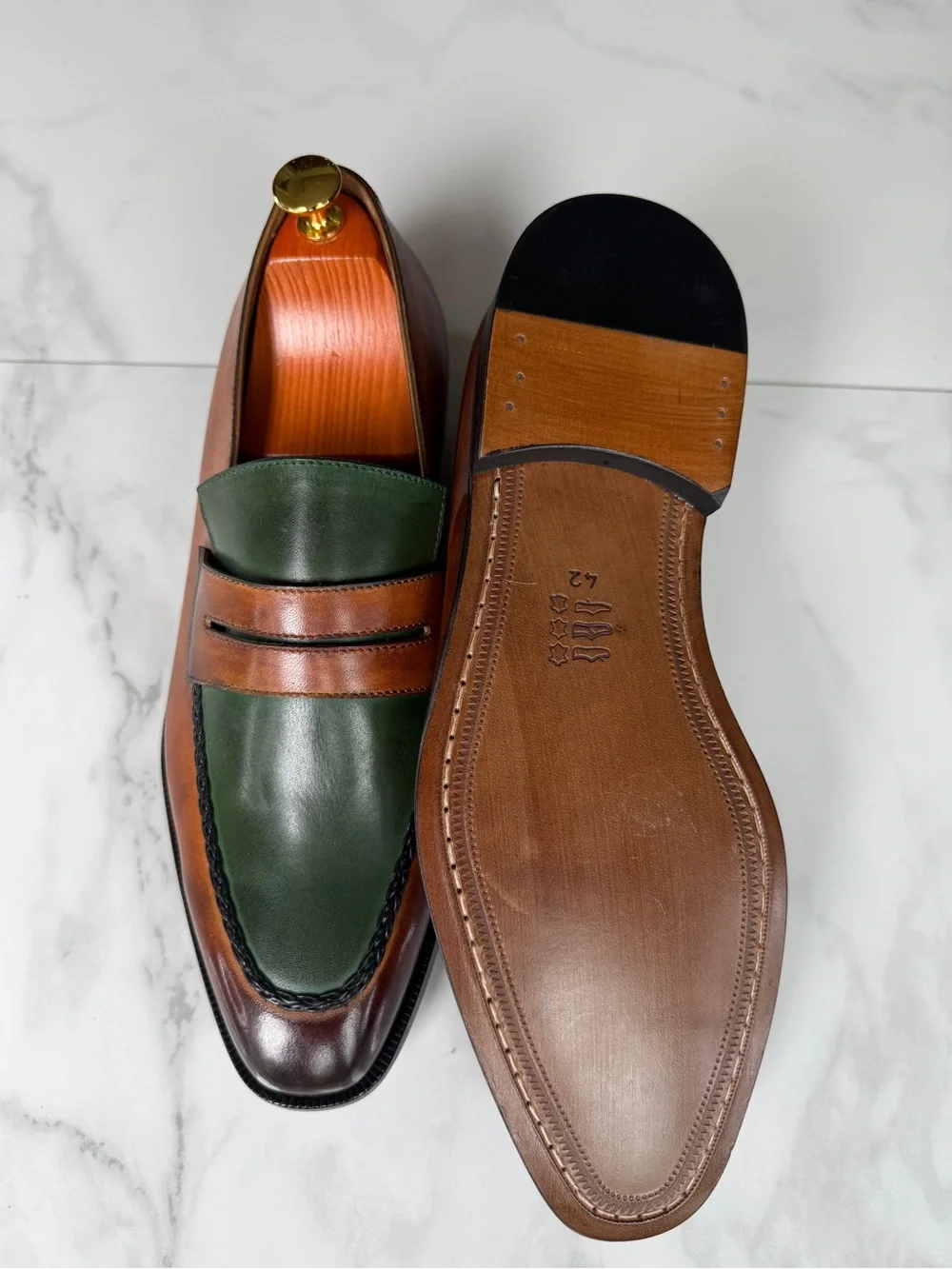 Men's Green and Brown Leather Penny Loafers